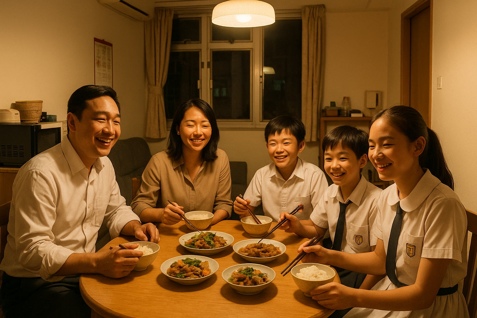 Hong Kong family dinner at home after work and school