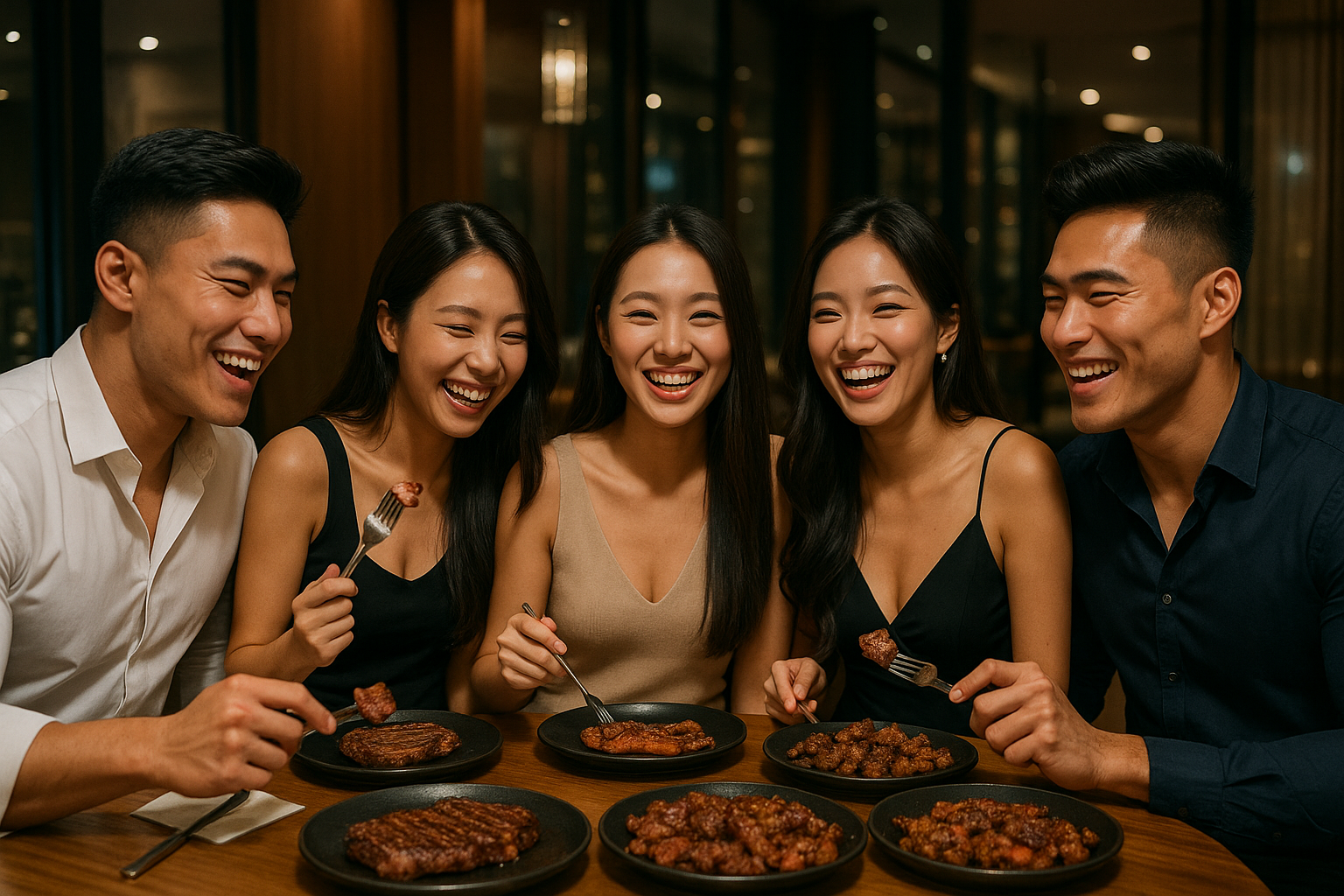 make sure they are eating meat and make sure the shirt of the man is not open.