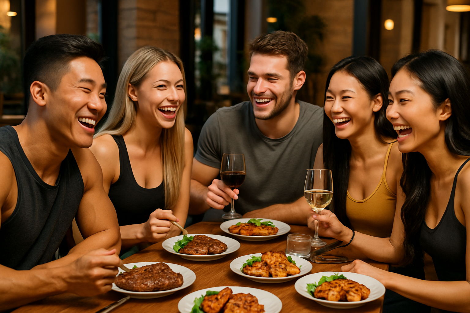 Young diverse group enjoying steak and chicken dinner