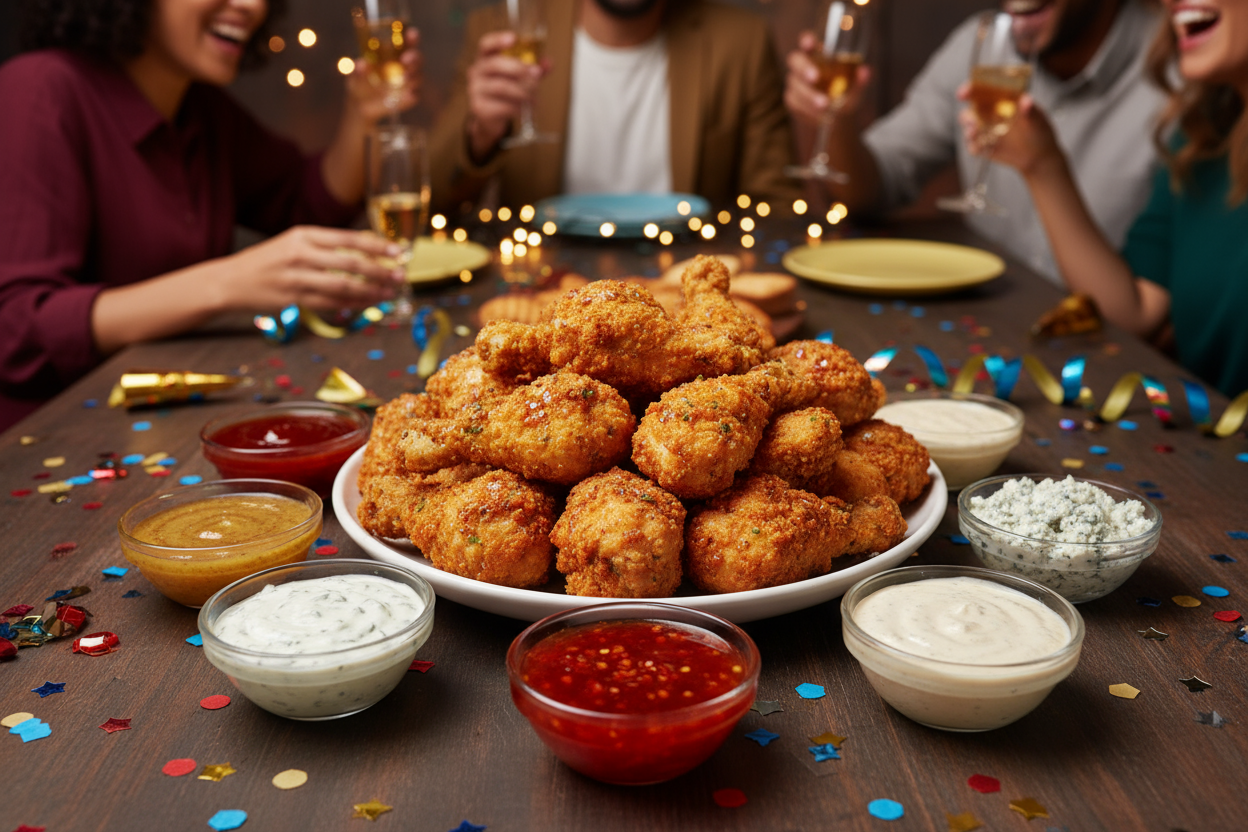 breaded drummettes and lots of dips for a party