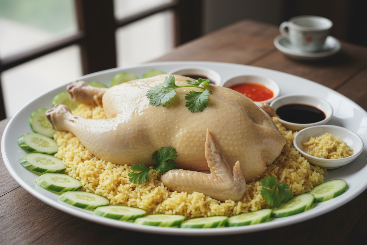 hainan chicken rice with a whole chicken