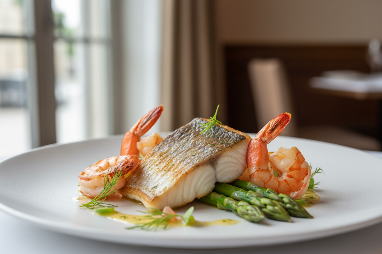 Hake with prawns tail on and steamed asparagus