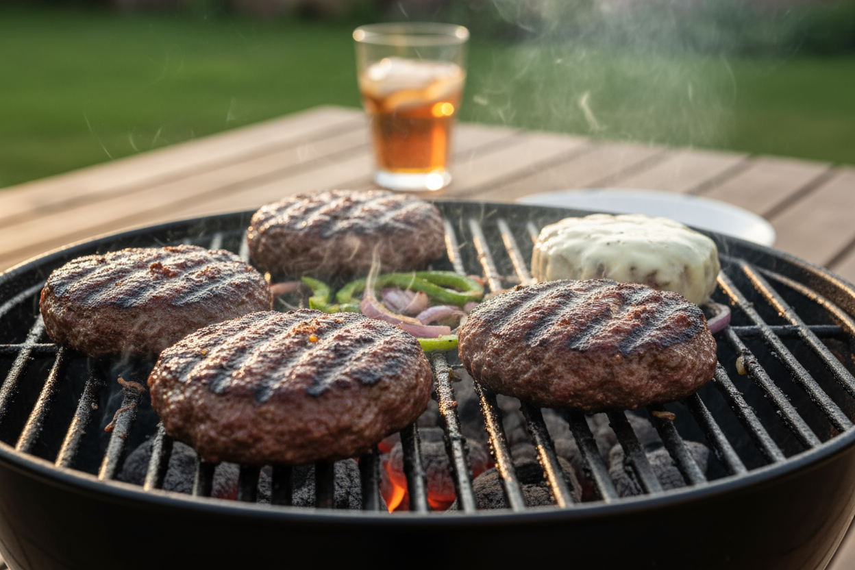 home made beef burgers on bbq
