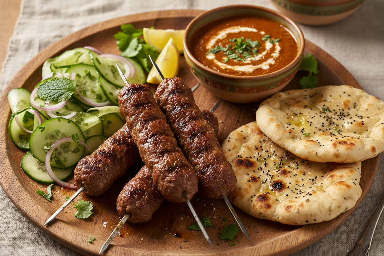 long mince beef koftas, cucumber salad, masalas sauce (in a bowl), and nann bread