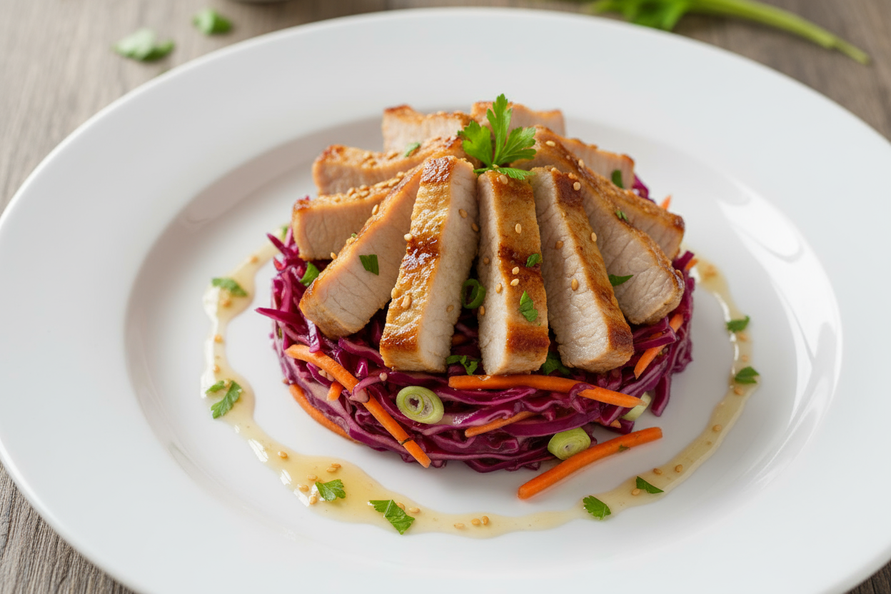 marinated pork strips, cooked and sliced onto of a plate of homemade slaw with red cabbage. No mayonaise.