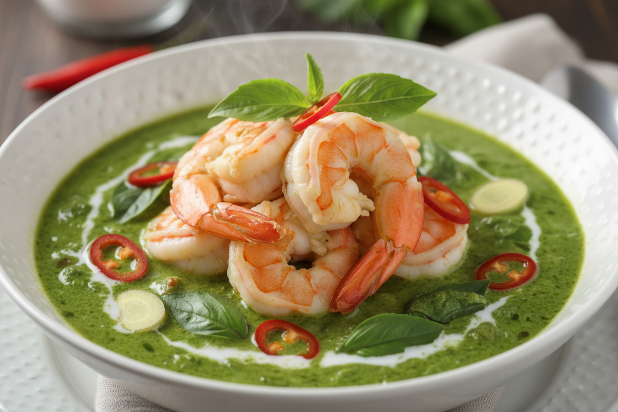 prawn tail on green thai curry