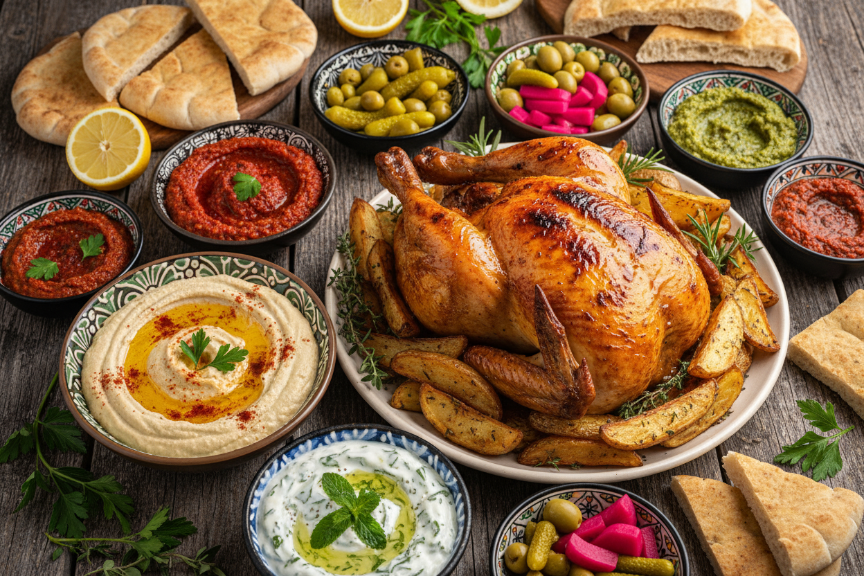 roast chicken, pickles, humus, cucumber yogurt dip, other dips, roasted potato wedges