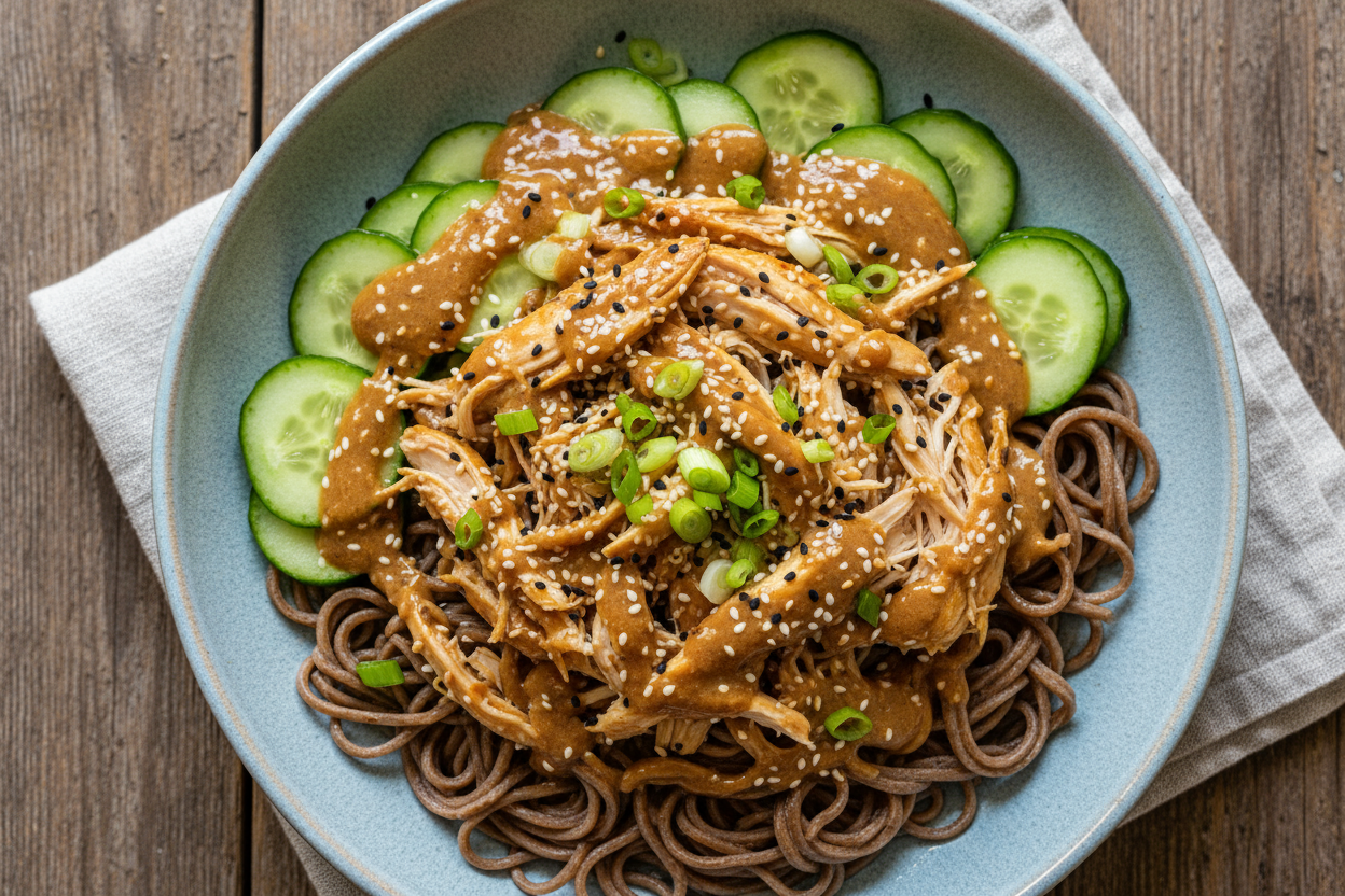 sesame chicken noodle. brown noodles, cucumber, pulled chicken, sesame sauce